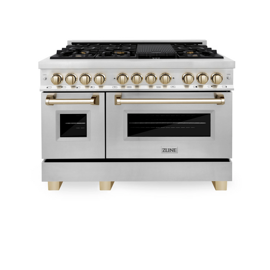 ZLINE Autograph Edition 48" Stainless Steel 7 Burner Dual Fuel Range With Gold Accents and 6.0 cu. ft. Electric Oven