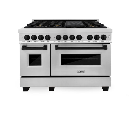 ZLINE Autograph Edition 48" Stainless Steel 7 Burner Dual Fuel Range With Matte Black Accents and 6.0 cu. ft. Electric Oven