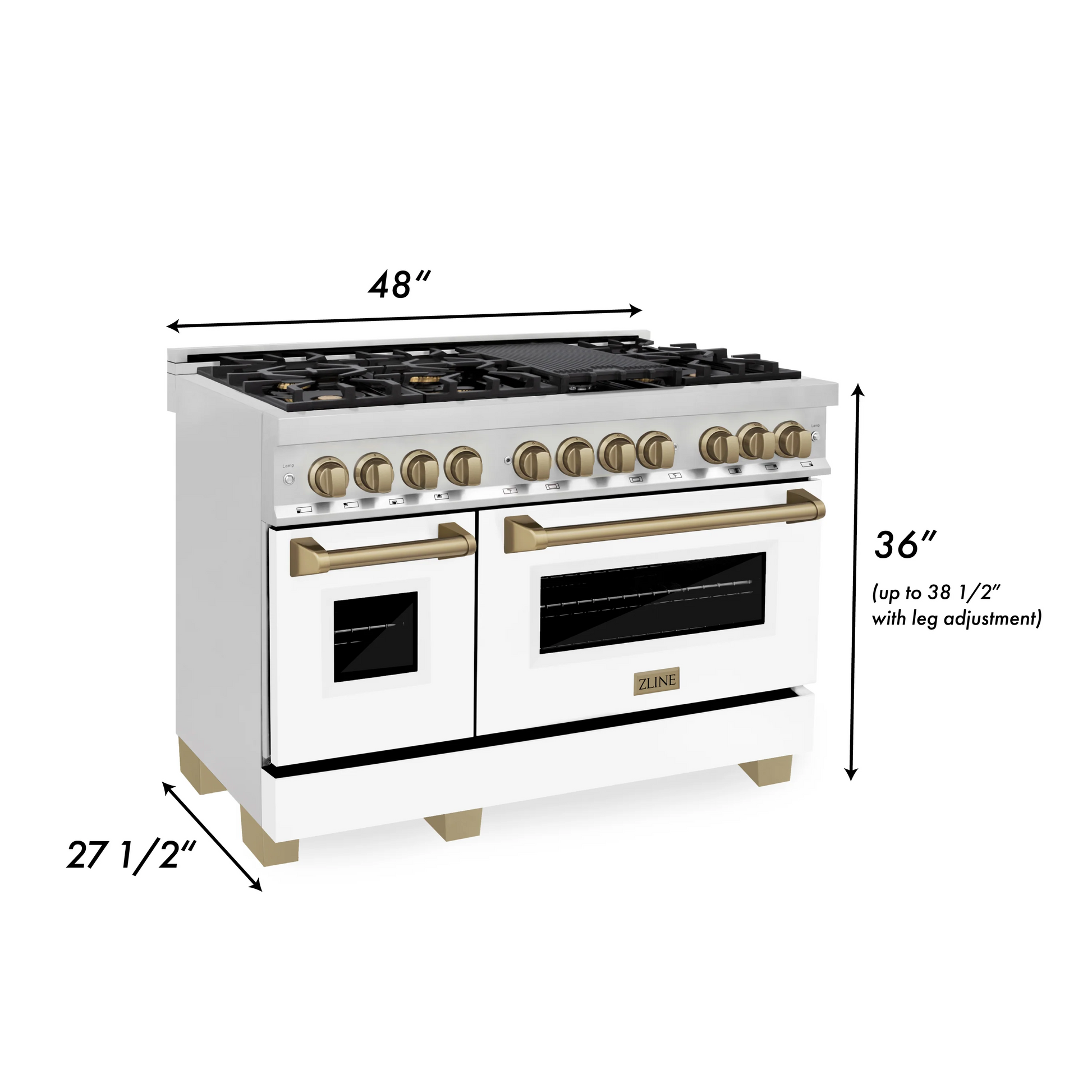 ZLINE Autograph Edition 48" Stainless Steel 7 Burner Dual Fuel Range With White Matte Door, Champagne Bronze Accents and 6.0 cu. ft. Electric Oven