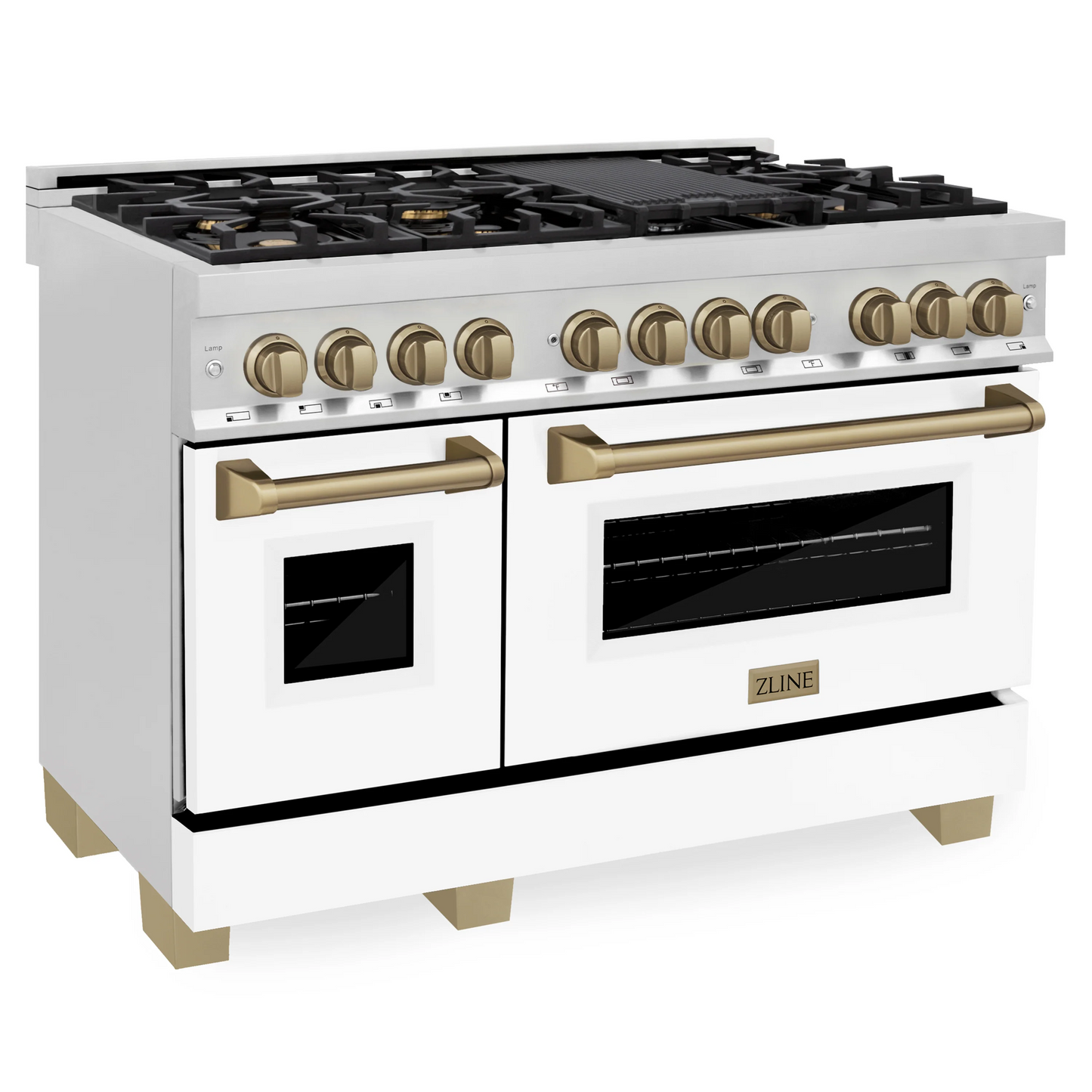 ZLINE Autograph Edition 48" Stainless Steel 7 Burner Dual Fuel Range With White Matte Door, Champagne Bronze Accents and 6.0 cu. ft. Electric Oven