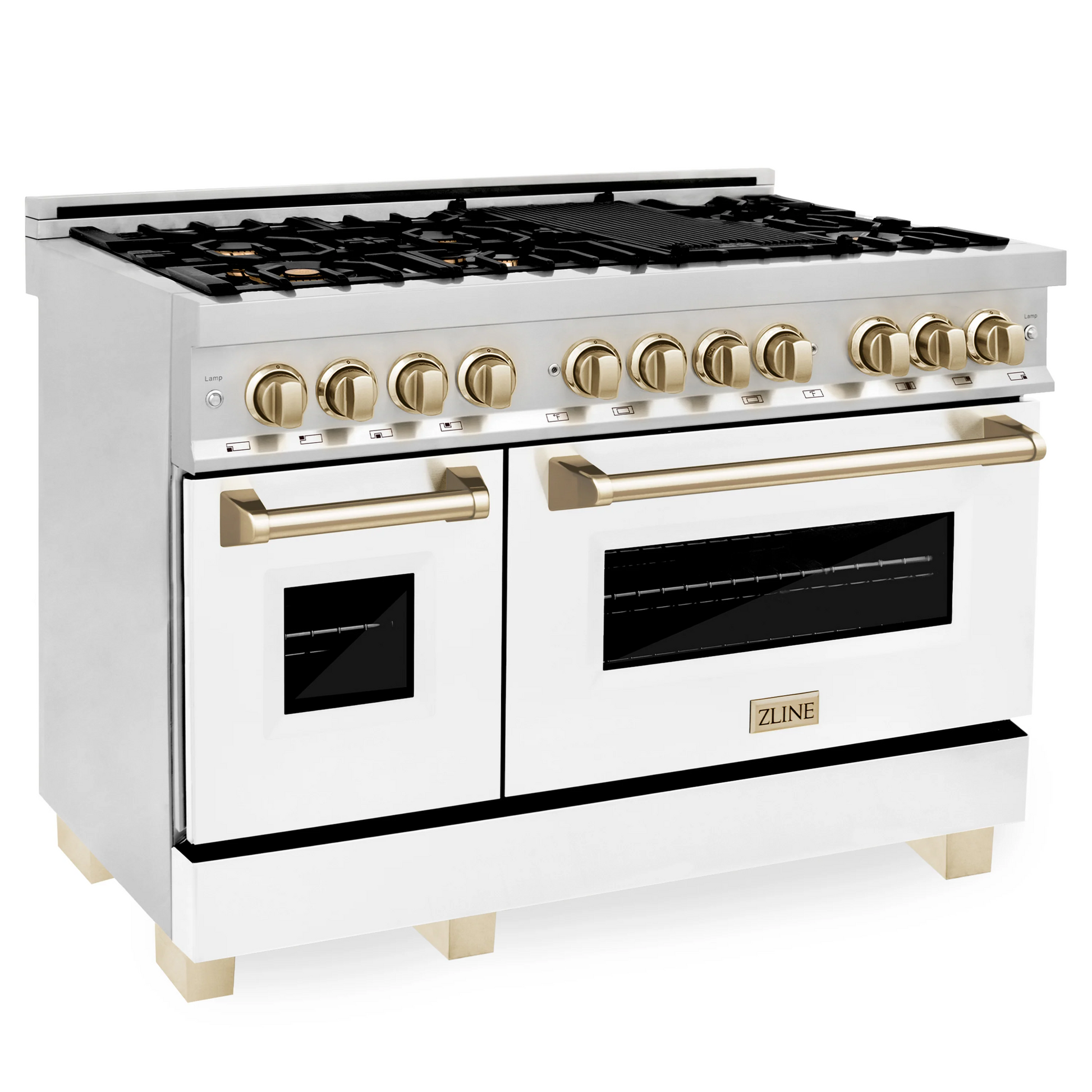 ZLINE Autograph Edition 48" Stainless Steel 7 Burner Dual Fuel Range With White Matte Door, Gold Accents and 6.0 cu. ft. Electric Oven