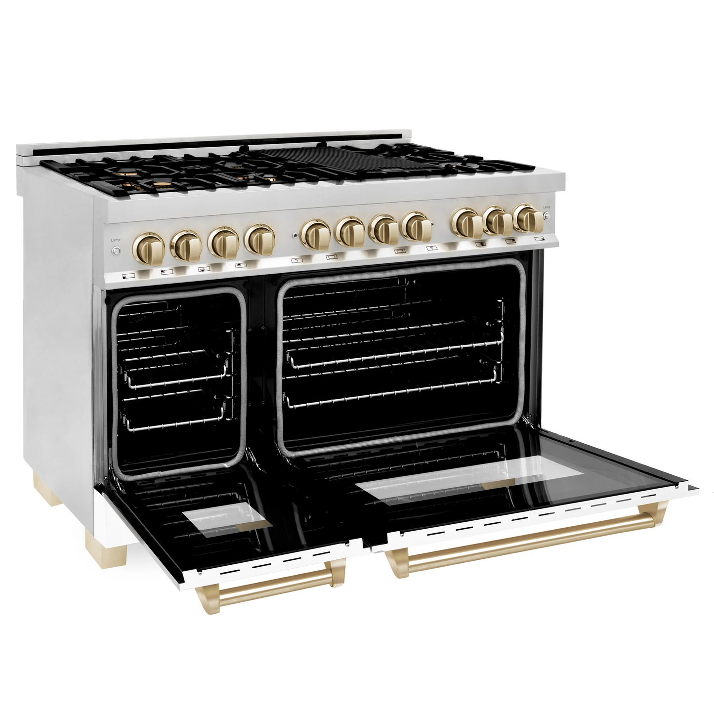 ZLINE Autograph Edition 48" Stainless Steel 7 Burner Dual Fuel Range With White Matte Door, Gold Accents and 6.0 cu. ft. Electric Oven