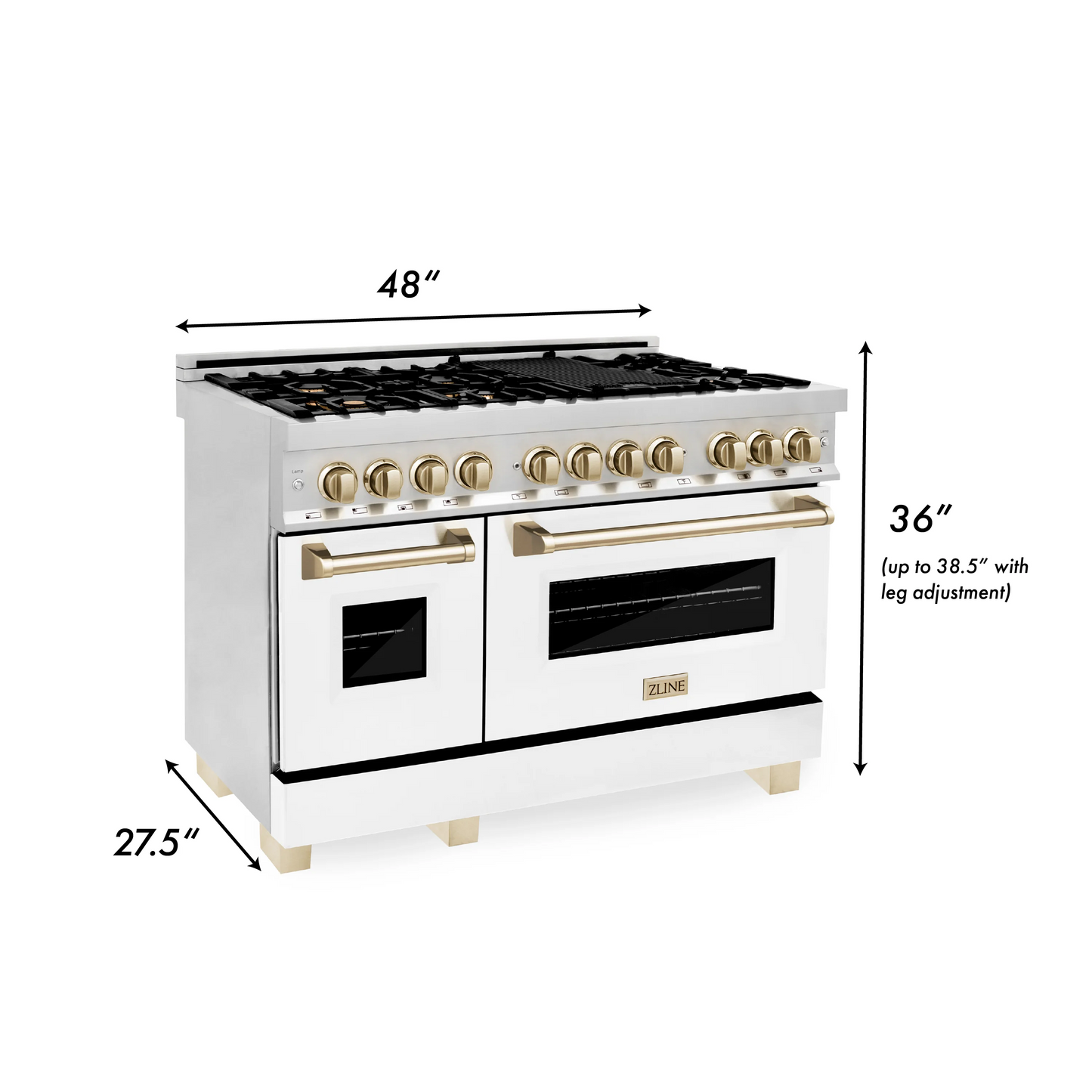 ZLINE Autograph Edition 48" Stainless Steel 7 Burner Dual Fuel Range With White Matte Door, Gold Accents and 6.0 cu. ft. Electric Oven