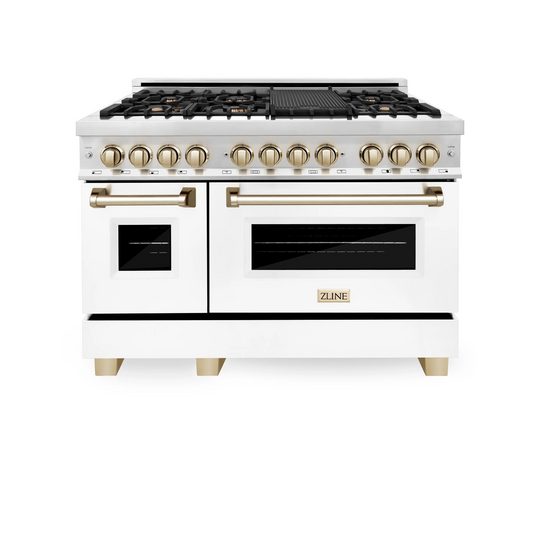 ZLINE Autograph Edition 48" Stainless Steel 7 Burner Dual Fuel Range With White Matte Door, Gold Accents and 6.0 cu. ft. Electric Oven