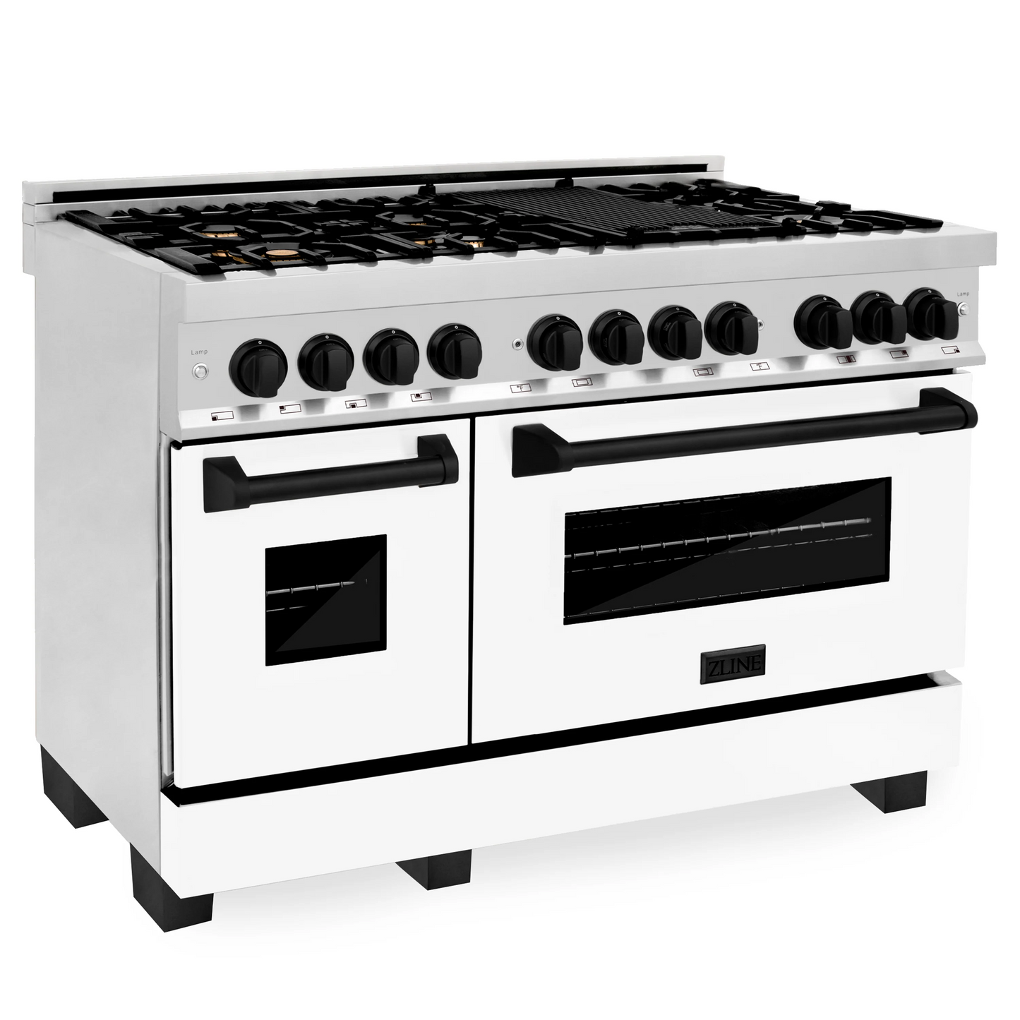 ZLINE Autograph Edition 48" Stainless Steel 7 Burner Dual Fuel Range With White Matte Door, Matte Black Accents and 6.0 cu. ft. Electric Oven