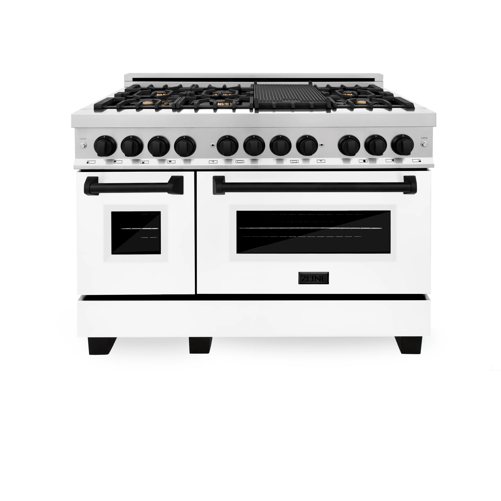 ZLINE Autograph Edition 48" Stainless Steel 7 Burner Dual Fuel Range With White Matte Door, Matte Black Accents and 6.0 cu. ft. Electric Oven