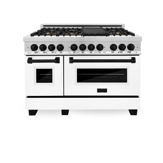 ZLINE Autograph Edition 48" Stainless Steel 7 Burner Dual Fuel Range With White Matte Door, Matte Black Accents and 6.0 cu. ft. Electric Oven