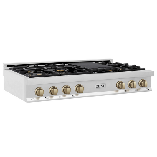 ZLINE Autograph Edition 48" Stainless Steel and Champagne Bronze Accents Porcelain 7 Burner Rangetop