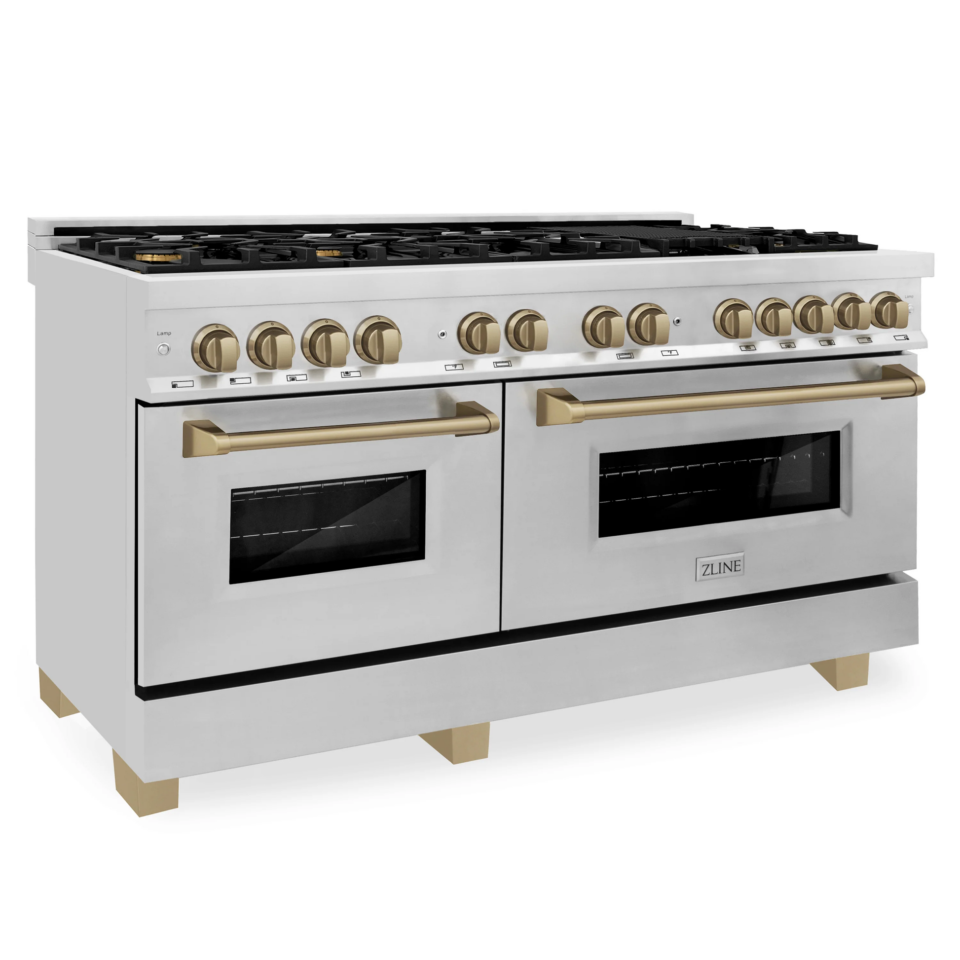 ZLINE Autograph Edition 60" Stainless Steel 9 Burner Dual Fuel Range With Champagne Bronze Accents and 7.4 cu. ft. Electric Oven