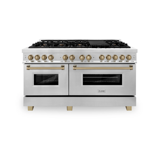 ZLINE Autograph Edition 60" Stainless Steel 9 Burner Dual Fuel Range With Champagne Bronze Accents and 7.4 cu. ft. Electric Oven