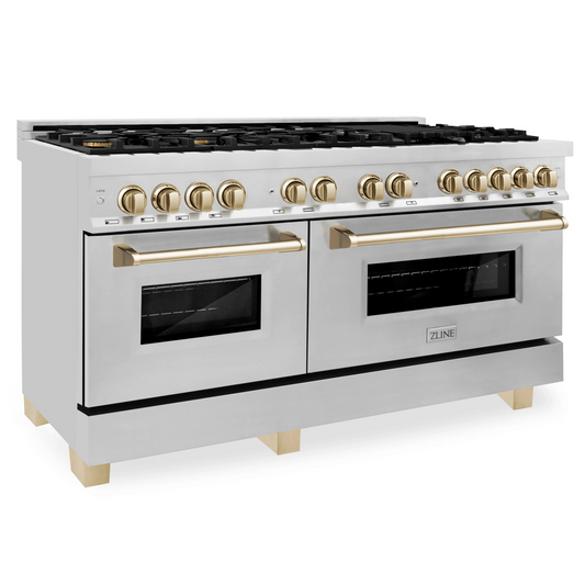 ZLINE Autograph Edition 60" Stainless Steel 9 Burner Dual Fuel Range With Gold Accents and 7.4 cu. ft. Electric Oven