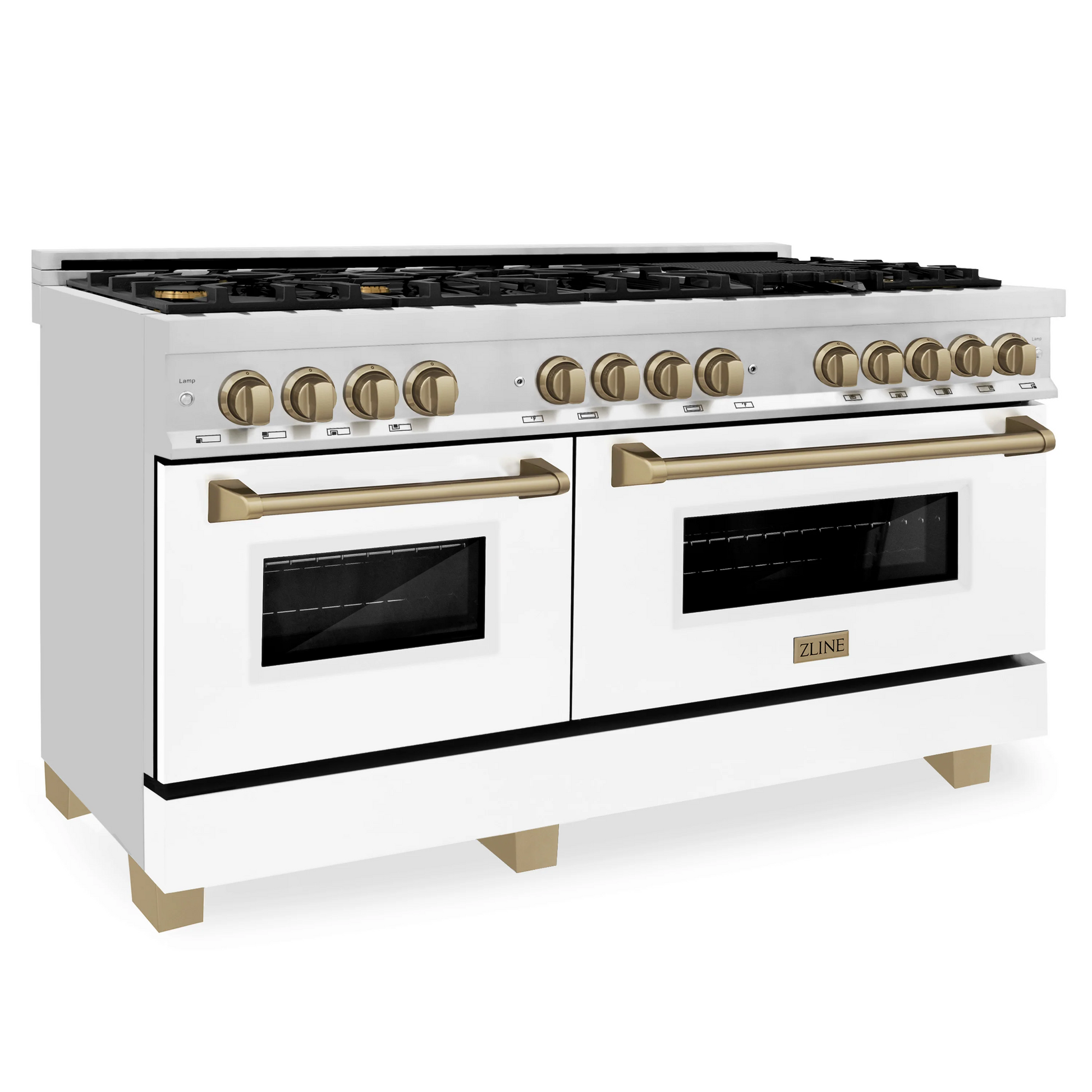 ZLINE Autograph Edition 60" Stainless Steel 9 Burner Dual Fuel Range With White Matte Door, Champagne Bronze Accents and 7.4 cu. ft. Electric Oven