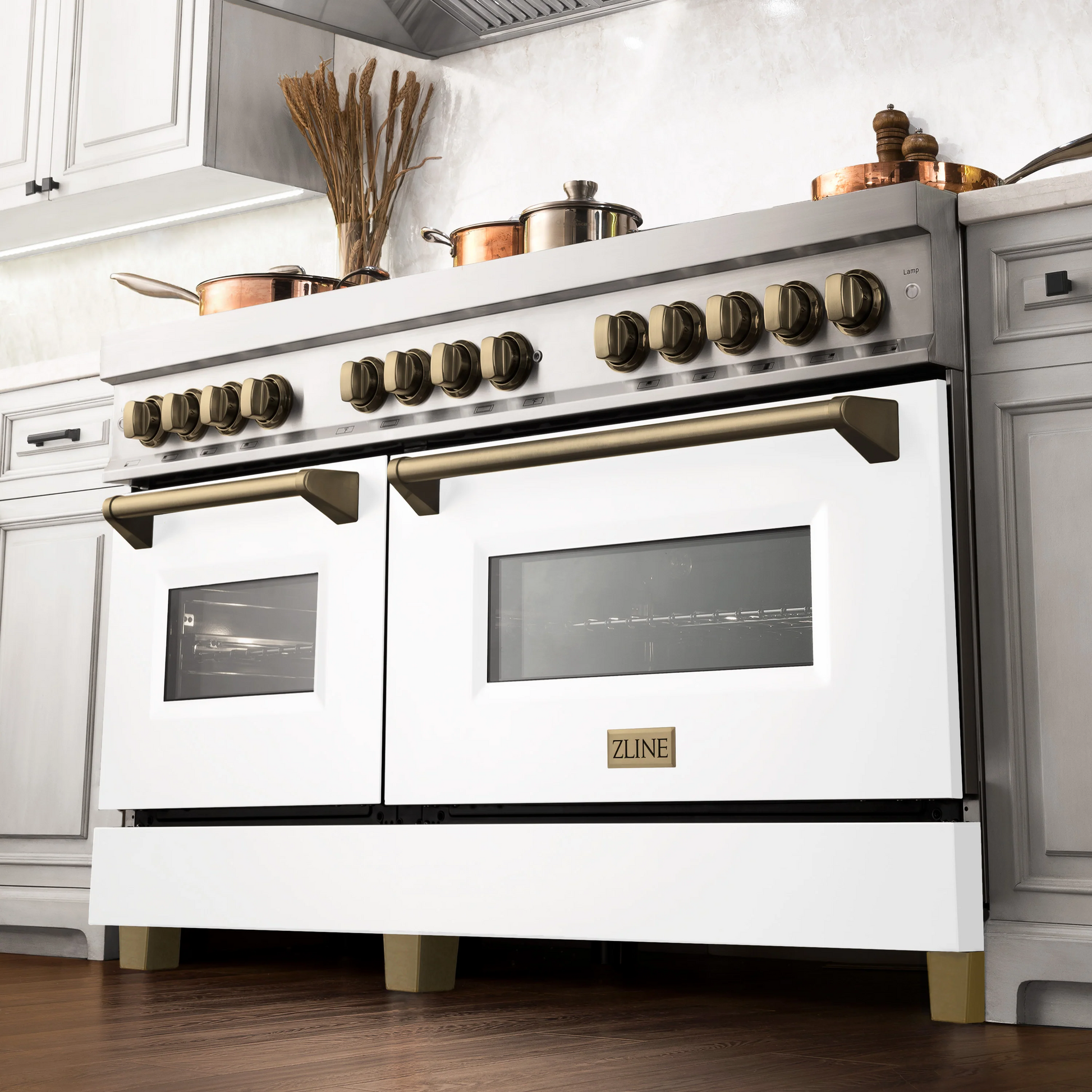 ZLINE Autograph Edition 60" Stainless Steel 9 Burner Dual Fuel Range With White Matte Door, Champagne Bronze Accents and 7.4 cu. ft. Electric Oven