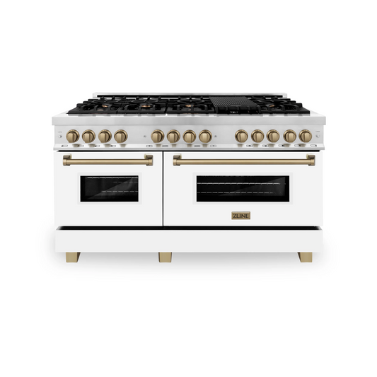 ZLINE Autograph Edition 60" Stainless Steel 9 Burner Dual Fuel Range With White Matte Door, Champagne Bronze Accents and 7.4 cu. ft. Electric Oven