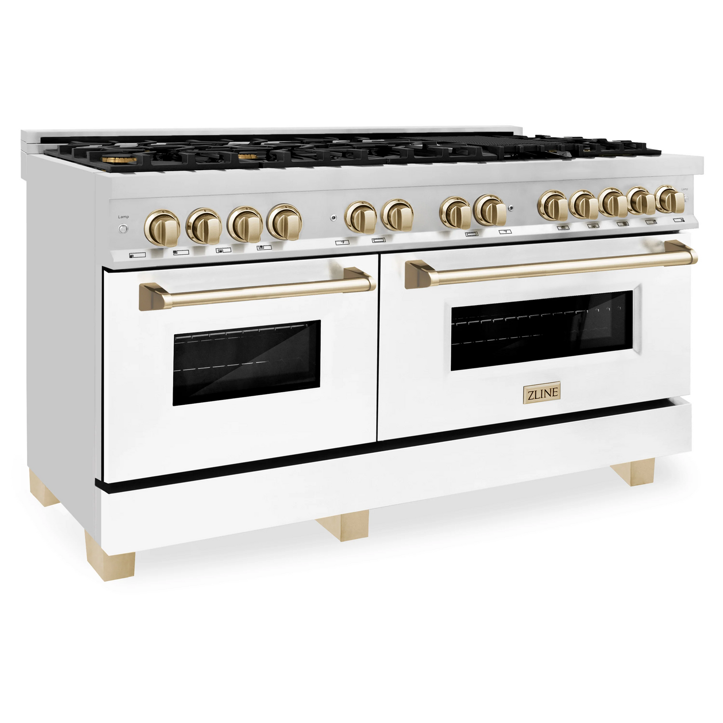 ZLINE Autograph Edition 60" Stainless Steel 9 Burner Dual Fuel Range With White Matte Door, Gold Accents and 7.4 cu. ft. Electric Oven