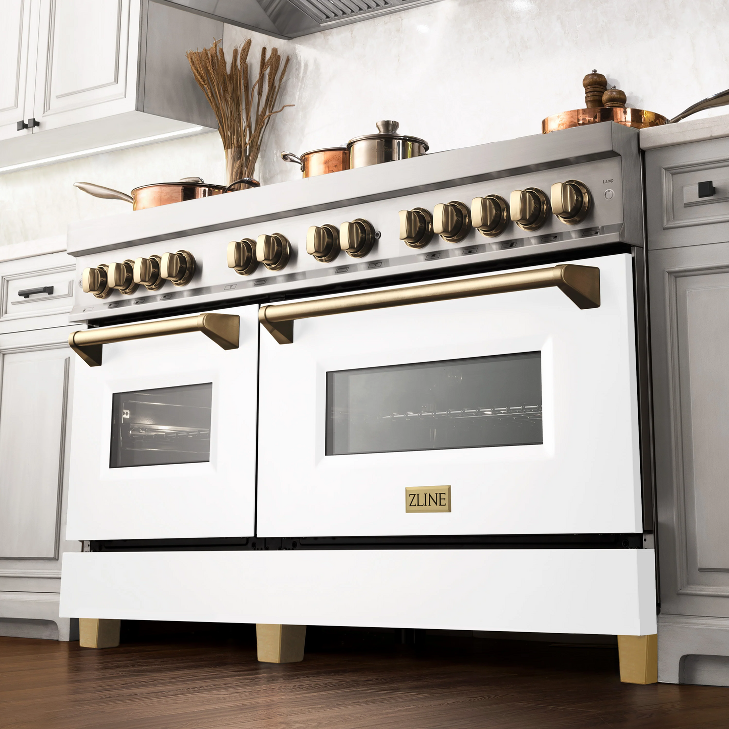 ZLINE Autograph Edition 60" Stainless Steel 9 Burner Dual Fuel Range With White Matte Door, Gold Accents and 7.4 cu. ft. Electric Oven