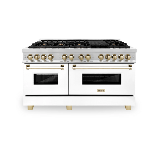 ZLINE Autograph Edition 60" Stainless Steel 9 Burner Dual Fuel Range With White Matte Door, Gold Accents and 7.4 cu. ft. Electric Oven