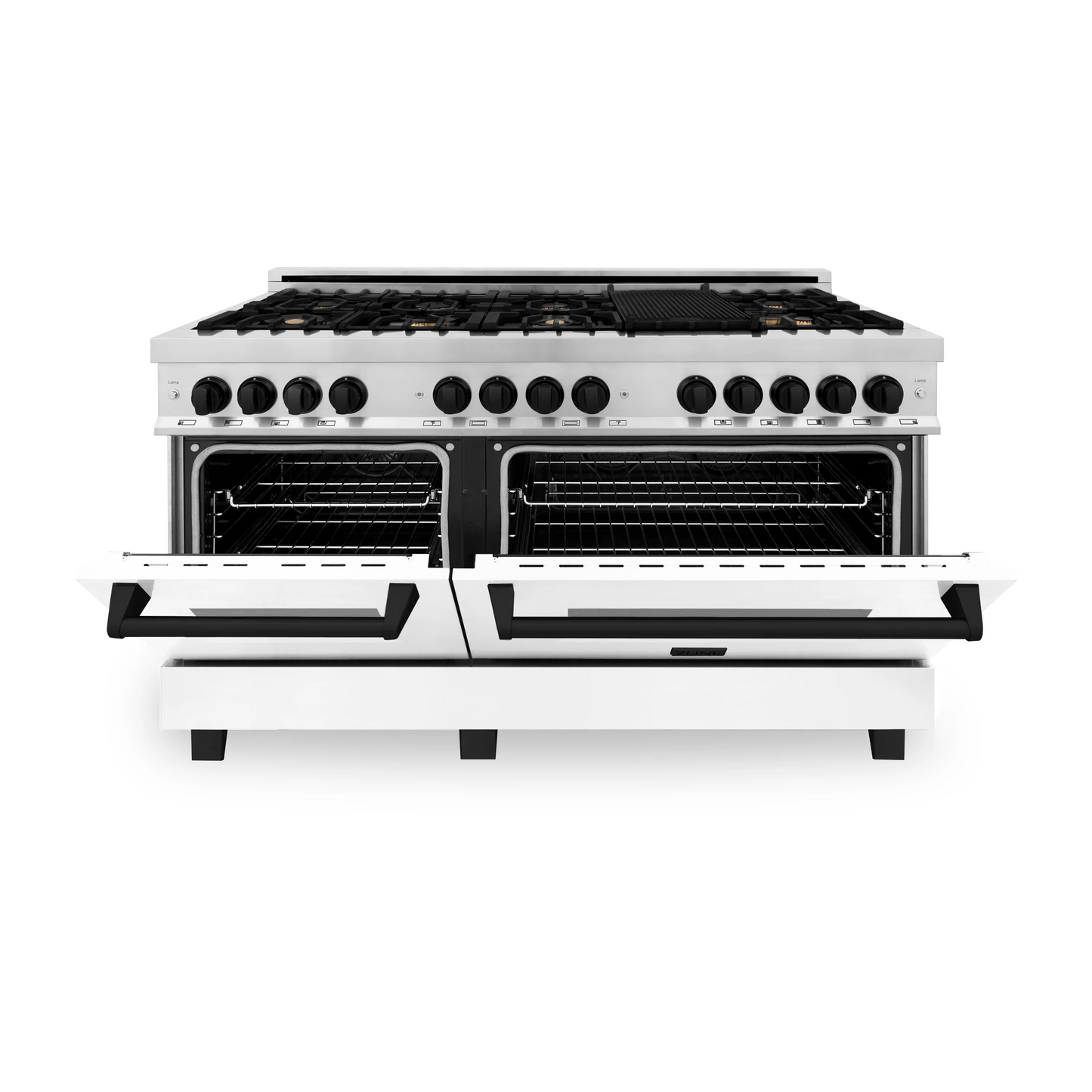 ZLINE Autograph Edition 60" Stainless Steel 9 Burner Dual Fuel Range With White Matte Door, Matte Black Accents and 7.4 cu. ft. Electric Oven