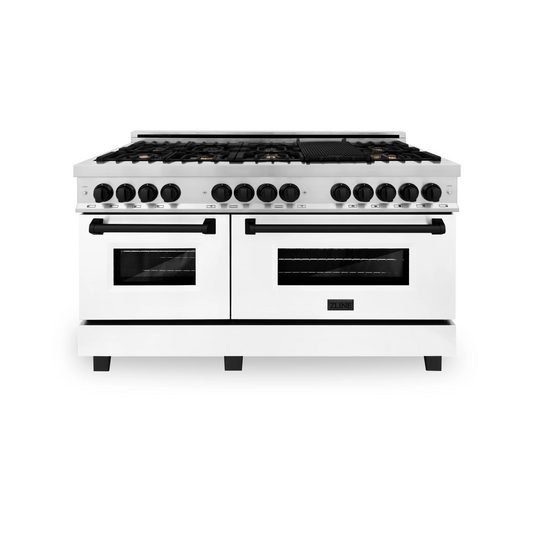 ZLINE Autograph Edition 60" Stainless Steel 9 Burner Dual Fuel Range With White Matte Door, Matte Black Accents and 7.4 cu. ft. Electric Oven