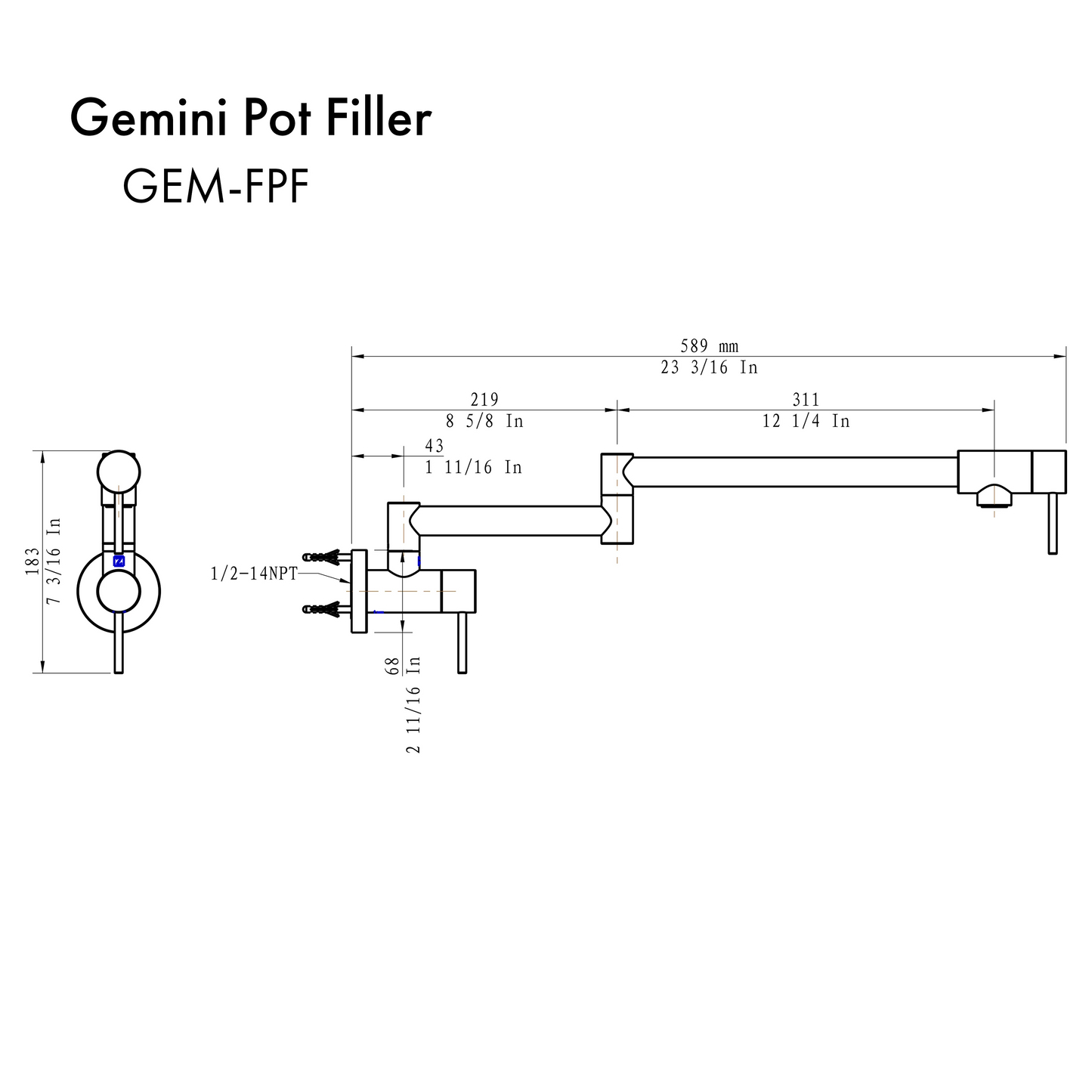 ZLINE Gemini Pot Filler Matte Black (GEM-FPF-MB)