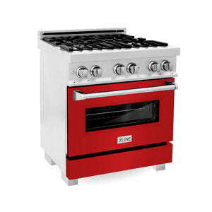 ZLINE Professional 30" DuraSnow Stainless Steel 4 Burner Dual Fuel Range With Red Matte Door and 4 cu.ft. Electric Oven