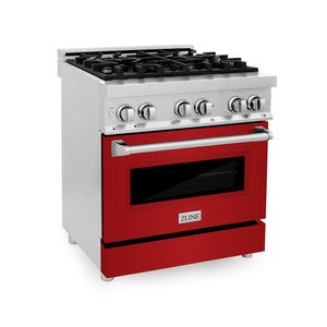 ZLINE Professional 30" Stainless Steel 4 Burner Dual Fuel Range With Red Gloss Door and 4.0 cu. ft. Electric Oven