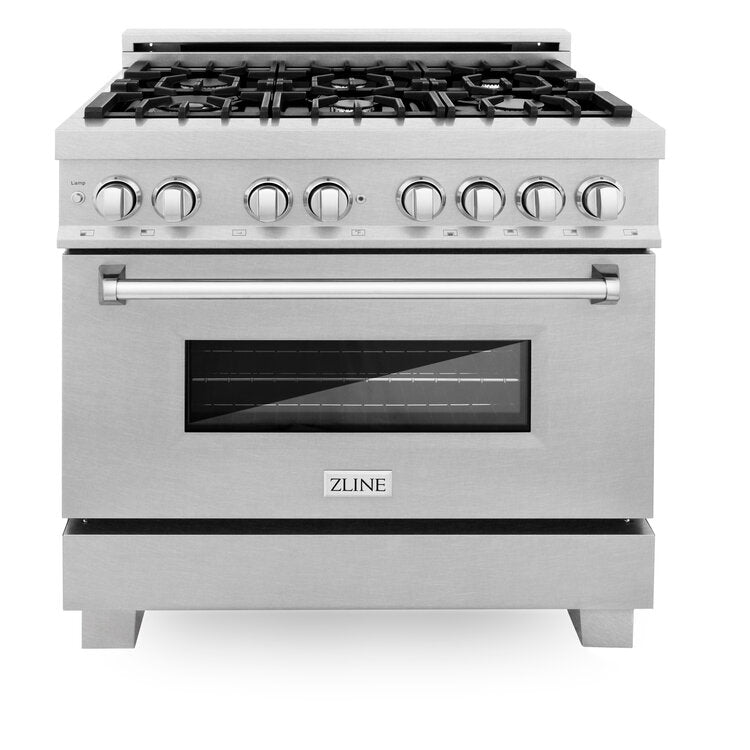 ZLINE Professional 36" DuraSnow Stainless Steel 6 Burner Dual Fuel Range With Black Matte Door and 4.6 cu.ft. Electric Oven