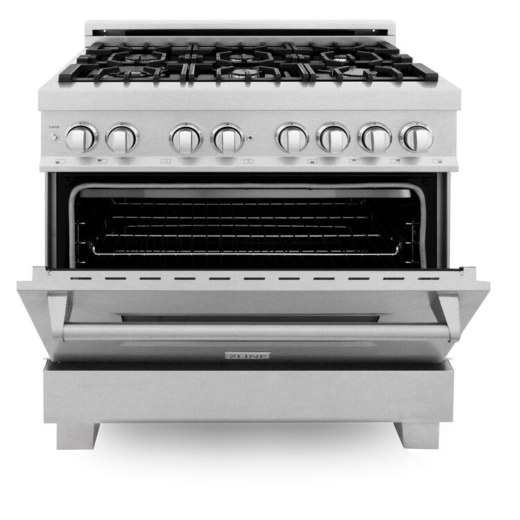 ZLINE Professional 36" DuraSnow Stainless Steel 6 Burner Dual Fuel Range With Black Matte Door and 4.6 cu.ft. Electric Oven