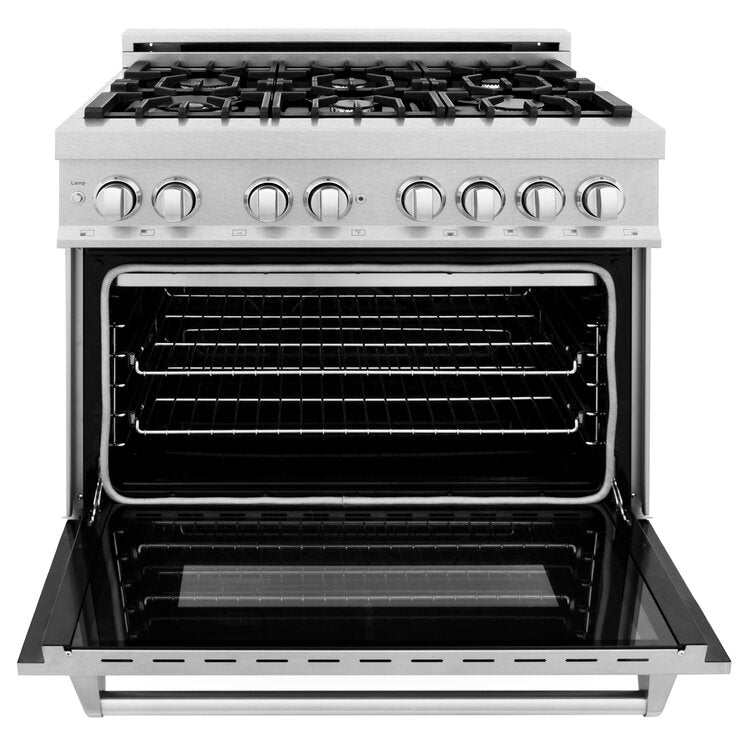 ZLINE Professional 36" DuraSnow Stainless Steel 6 Burner Dual Fuel Range With Black Matte Door and 4.6 cu.ft. Electric Oven