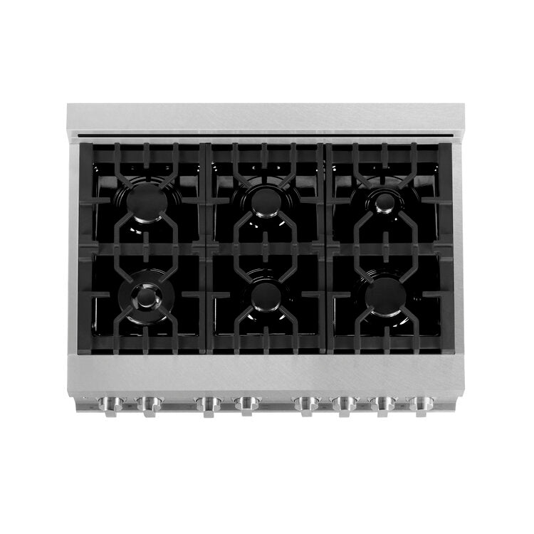 ZLINE Professional 36" DuraSnow Stainless Steel 6 Burner Dual Fuel Range With Black Matte Door and 4.6 cu.ft. Electric Oven