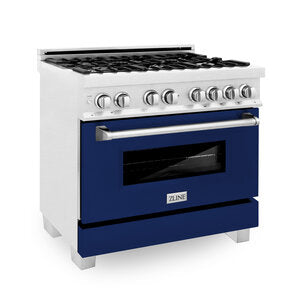 ZLINE Professional 36" DuraSnow Stainless Steel 6 Burner Dual Fuel Range With Blue Gloss Door and 4.6 cu.ft. Electric Oven