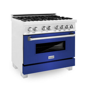 ZLINE Professional 36" DuraSnow Stainless Steel 6 Burner Dual Fuel Range With Blue Matte Door and 4.6 cu.ft. Electric Oven