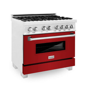 ZLINE Professional 36" DuraSnow Stainless Steel 6 Burner Dual Fuel Range With Red Gloss Door and 4.6 cu.ft. Electric Oven