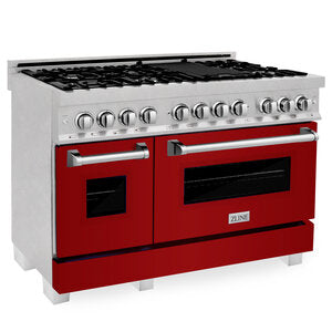 ZLINE Professional 48" DuraSnow Stainless Steel 7 Burner Dual Fuel Range With Red Gloss Door and 6 cu.ft. Electric Oven