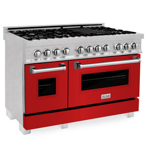 ZLINE Professional 48" DuraSnow Stainless Steel 7 Burner Dual Fuel Range With Red Matte Door and 6 cu.ft. Electric Oven