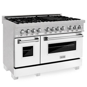 ZLINE Professional 48" DuraSnow Stainless Steel 7 Burner Dual Fuel Range With White Matte Door and 6 cu.ft. Electric Oven