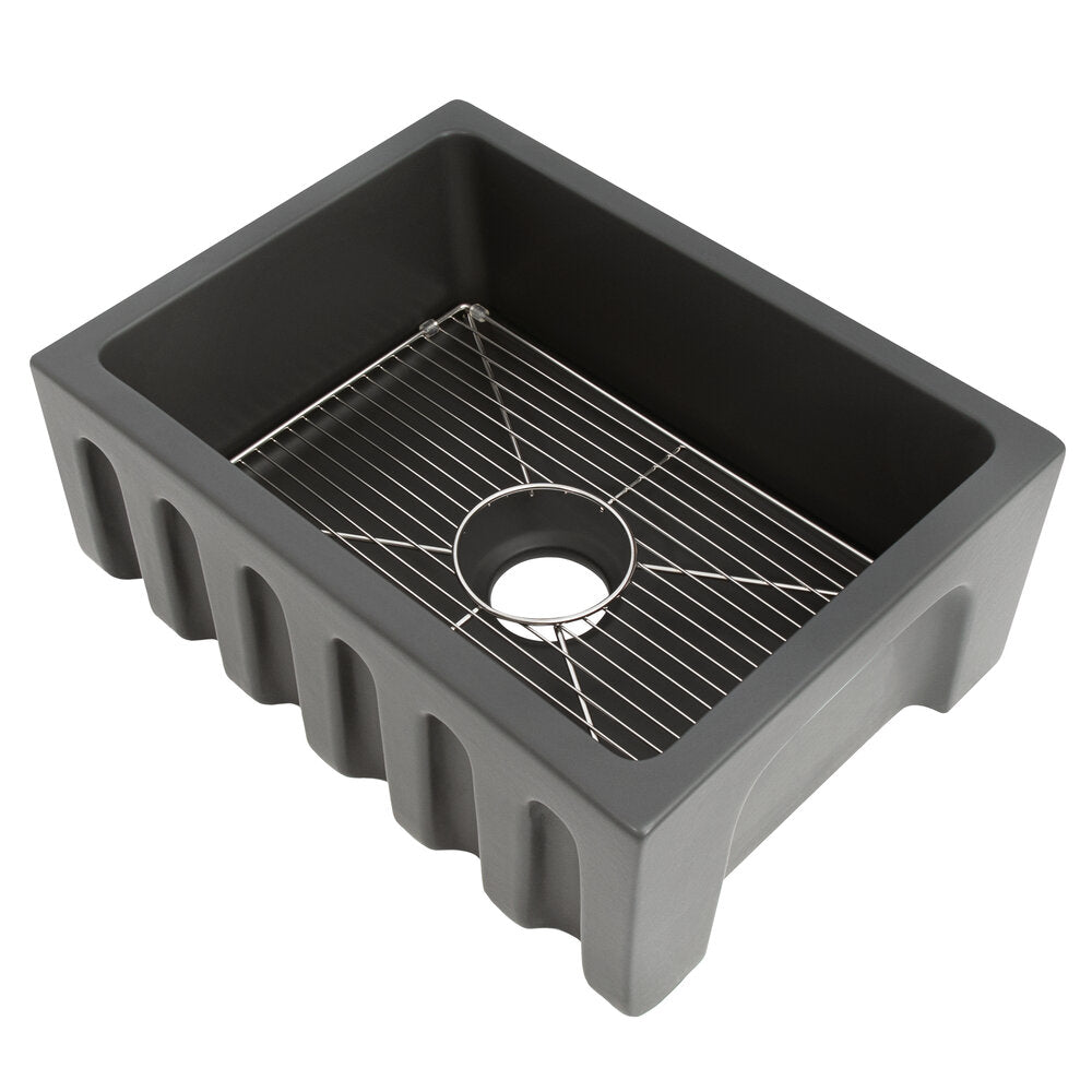 ZLINE Venice 24" Farmhouse Reversible Charcoal Fireclay Sink With Utility Rack and Basket Strainer