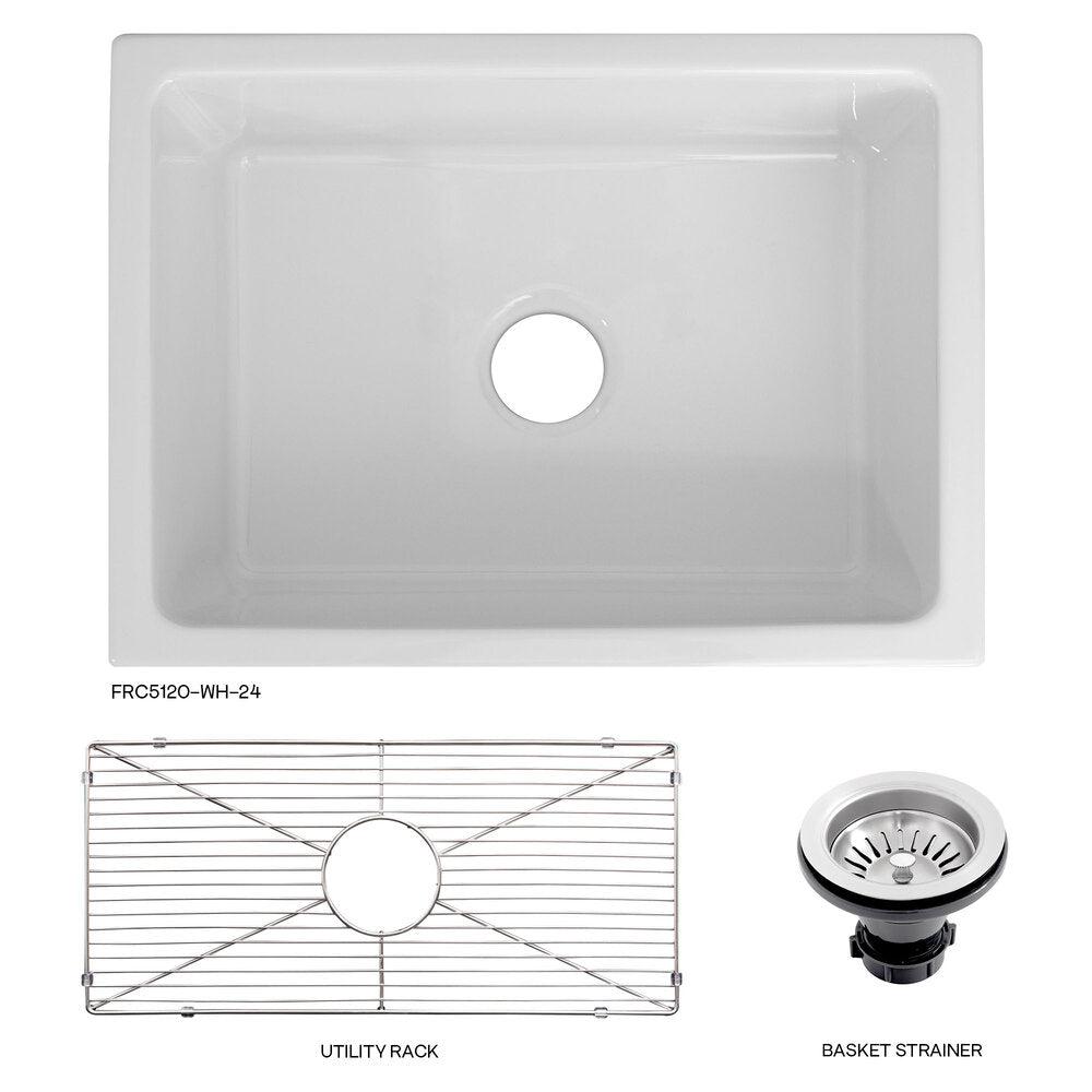 ZLINE Venice 24" Farmhouse Reversible White Gloss Fireclay Sink With Utility Rack and Basket Strainer