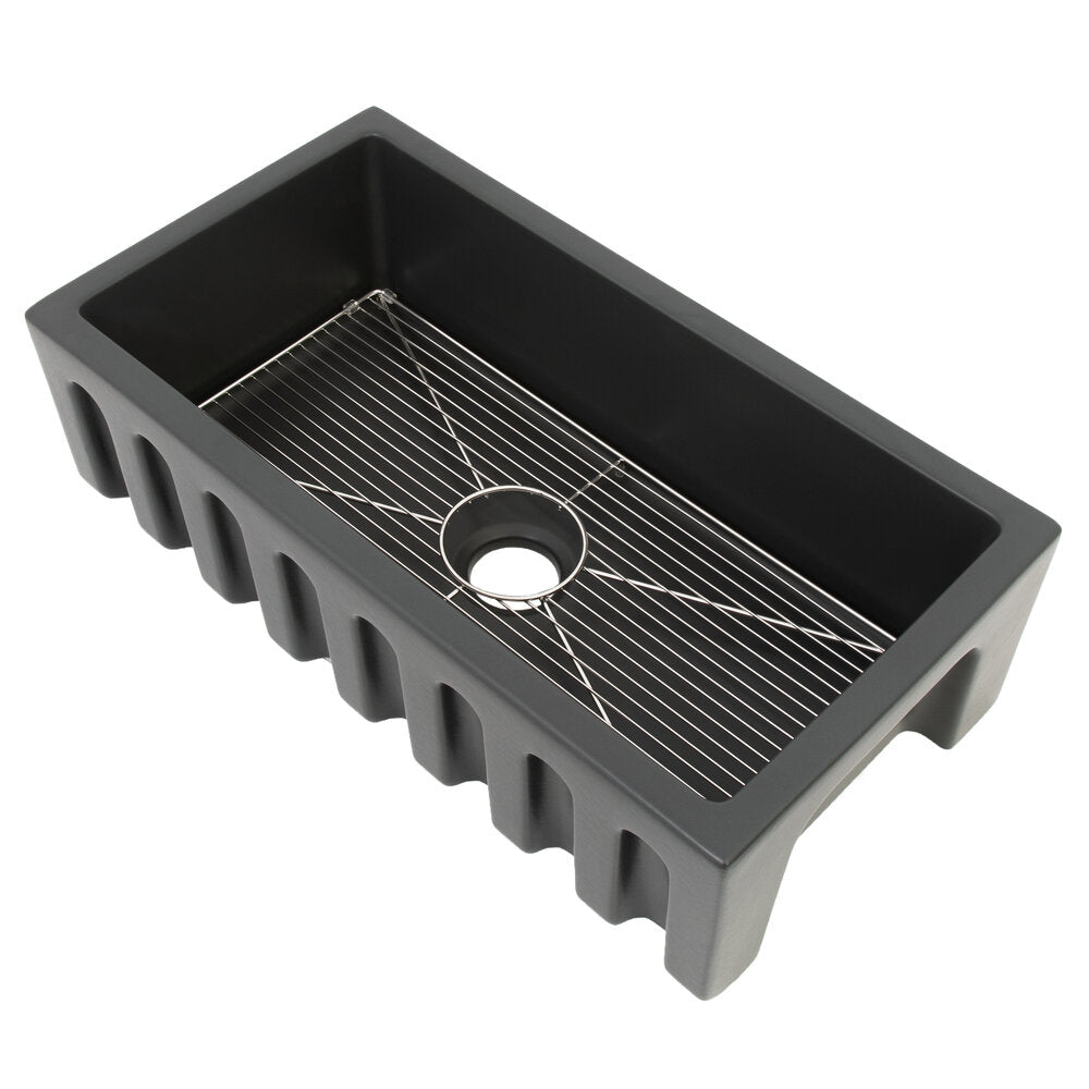 ZLINE Venice 33" Farmhouse Reversible Charcoal Fireclay Sink With Utility Rack and Basket Strainer