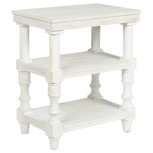 Benzara BM227365 Antique White Wooden Accent Table With 2 Shelves and 2 USB Ports