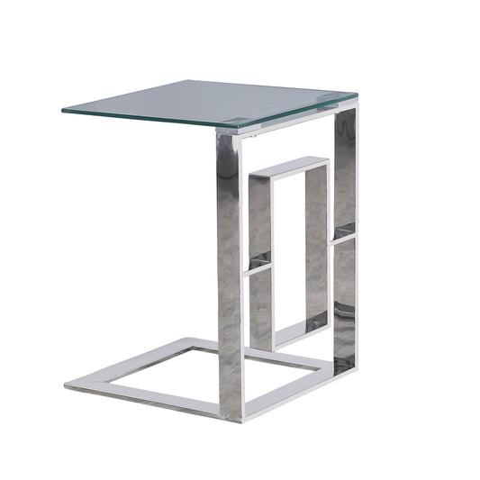 Benzara BM229527 22" Silver Metal Box Frame Glass Top Side Table