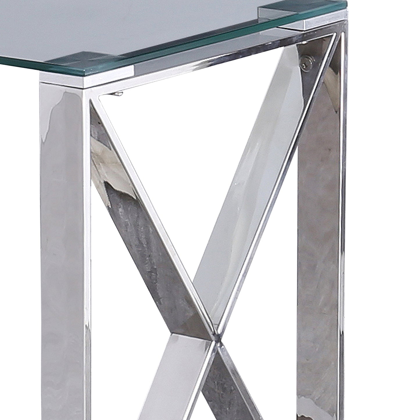 Benzara BM229541 22" Silver Metal X Frame Glass Top Side Table