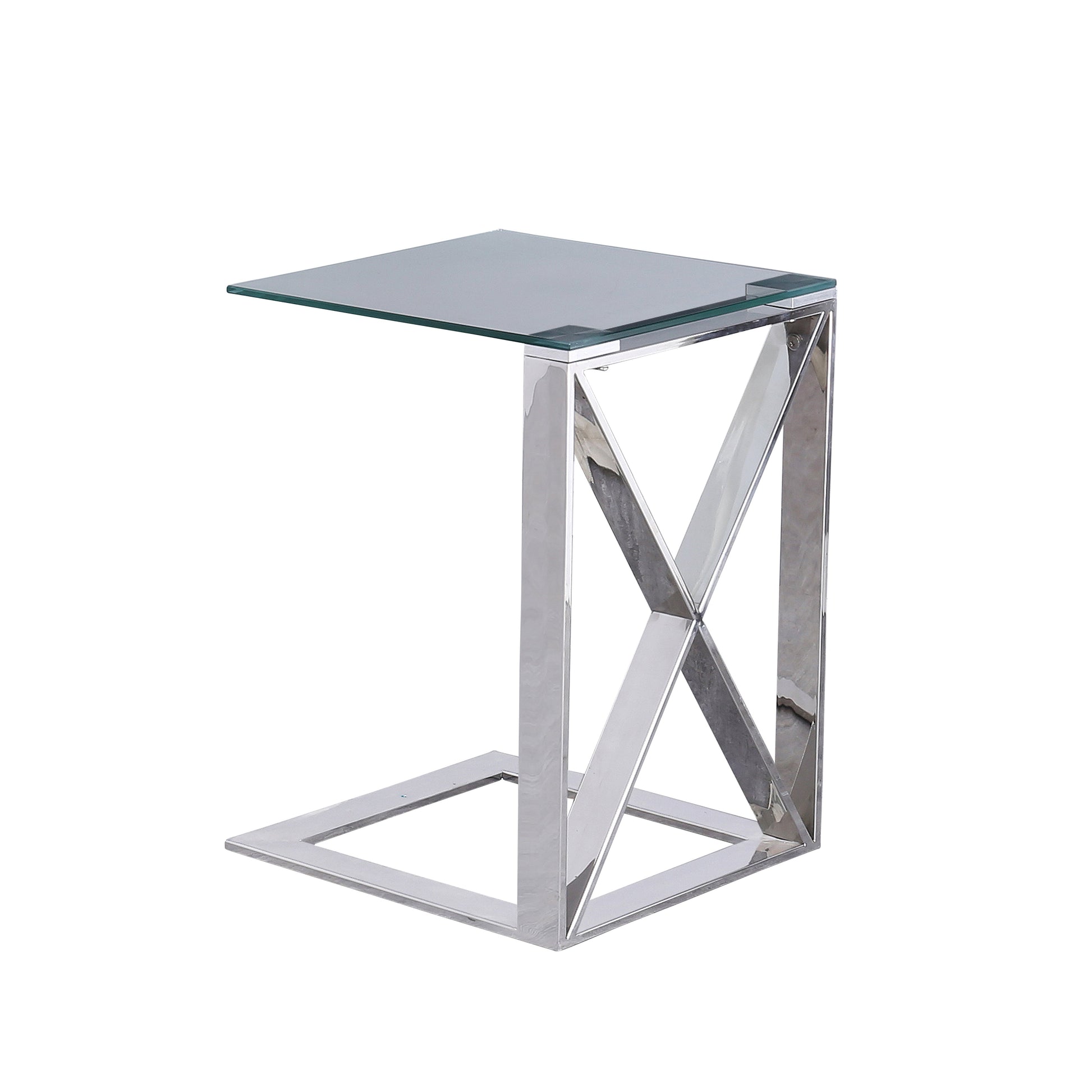 Benzara BM229541 22" Silver Metal X Frame Glass Top Side Table