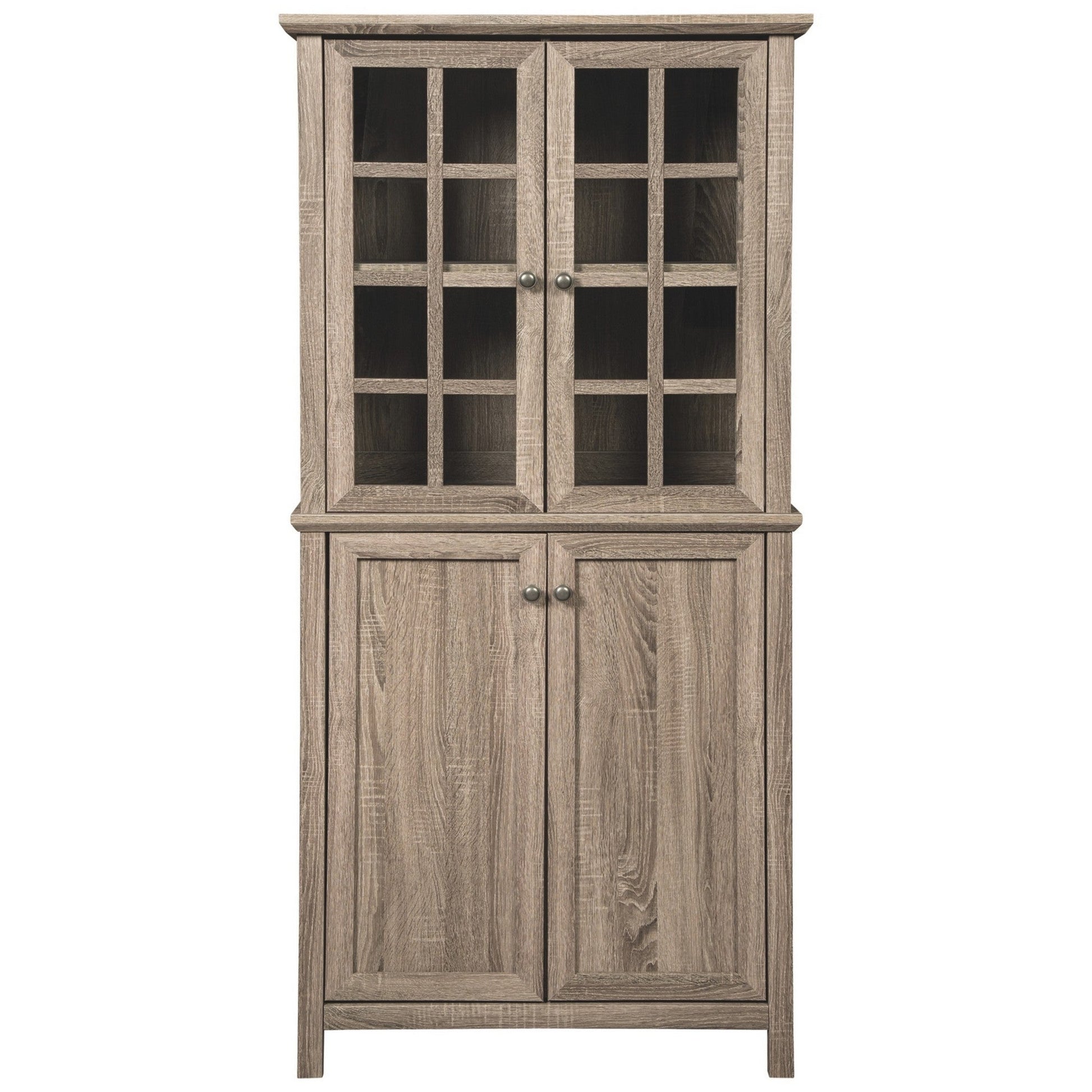 Benzara BM230895 Brown 71 Inches 2 Glass Insert and 2 Closed Door Wooden Accent Cabinet