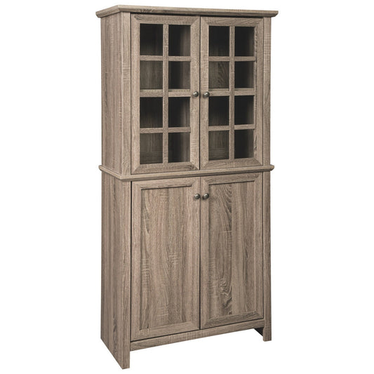 Benzara BM230895 Brown 71 Inches 2 Glass Insert and 2 Closed Door Wooden Accent Cabinet