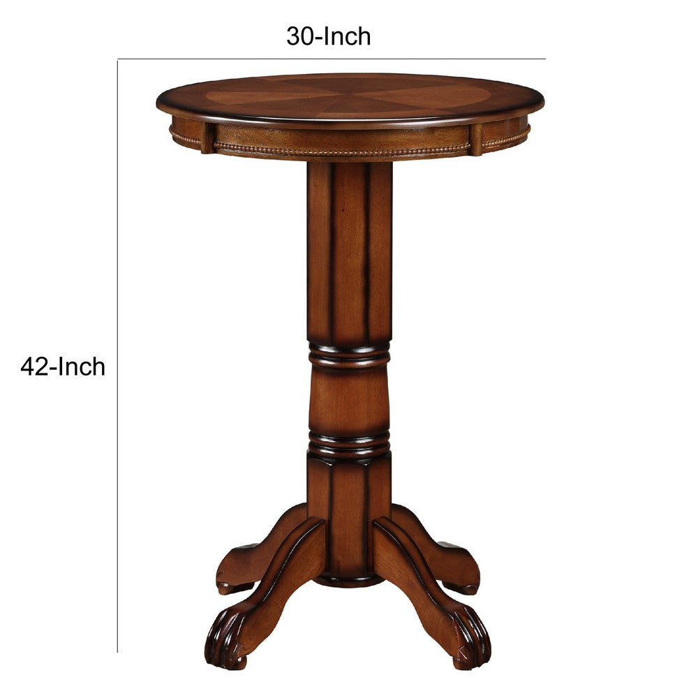 Benzara BM274271 Ava 42" Brown Sunburst Carved Pedestal Wood Pub Bar Table