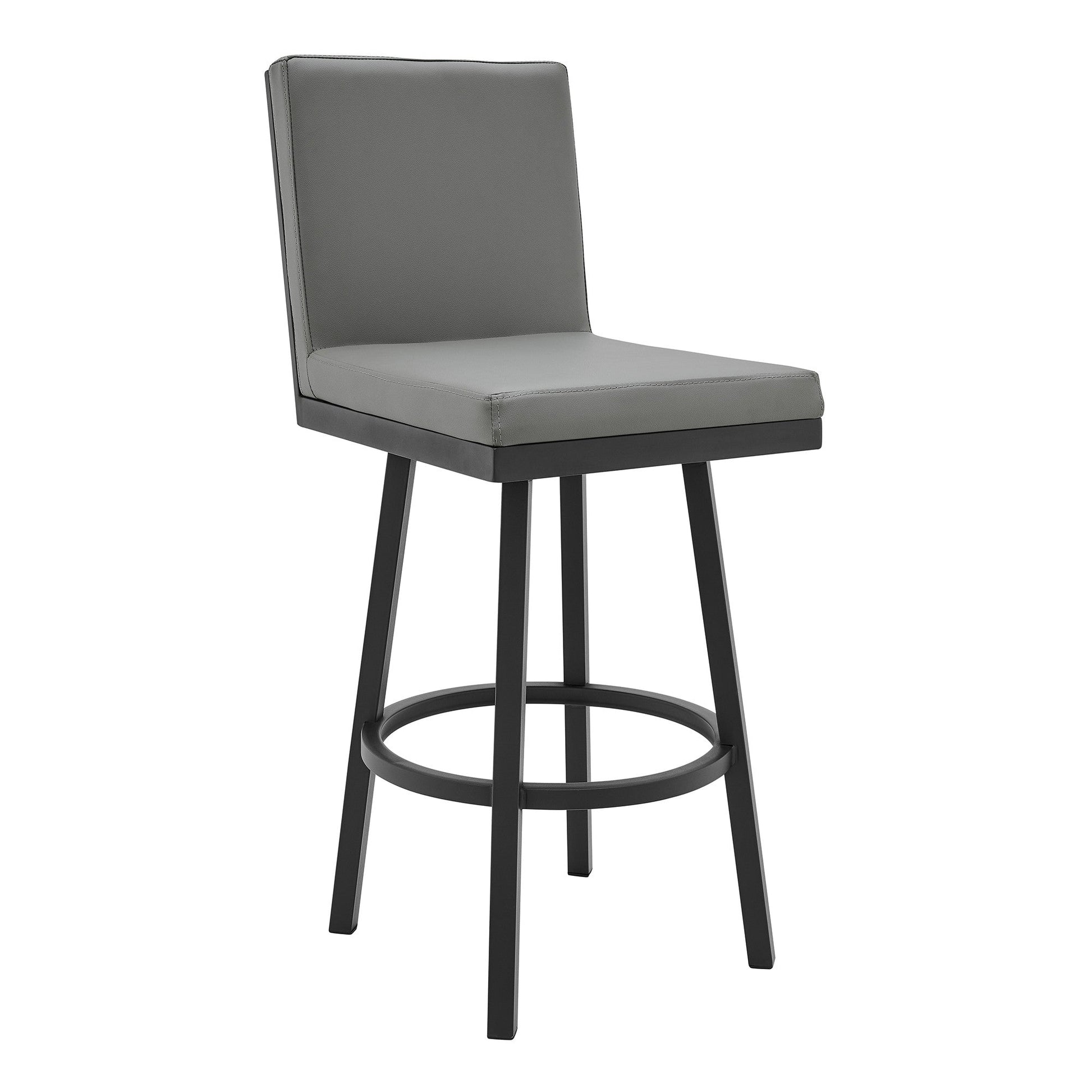 Benzara BM282696 Kim 30" Gray Swivel Vegan Faux Leather Bar Stool With Black Metal Legs