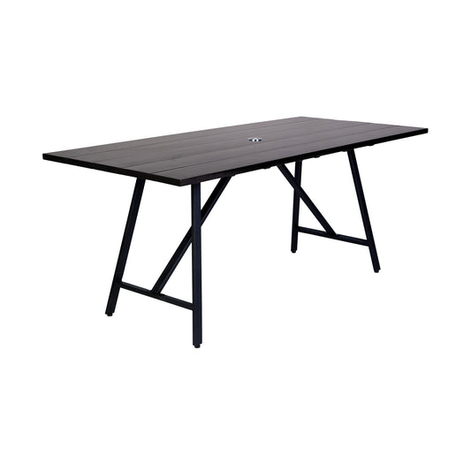 Benzara BM295621 Jace 71" Rectangular Patio Dining Table in Dark Eucalyptus Wood With Black Accents