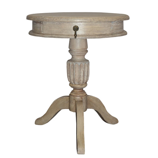 Benzara UPT-213132 21" Rustic Gray Handcrafted Mango Wood Side Table With Drawer, Classic Pedestal Base and Round Top