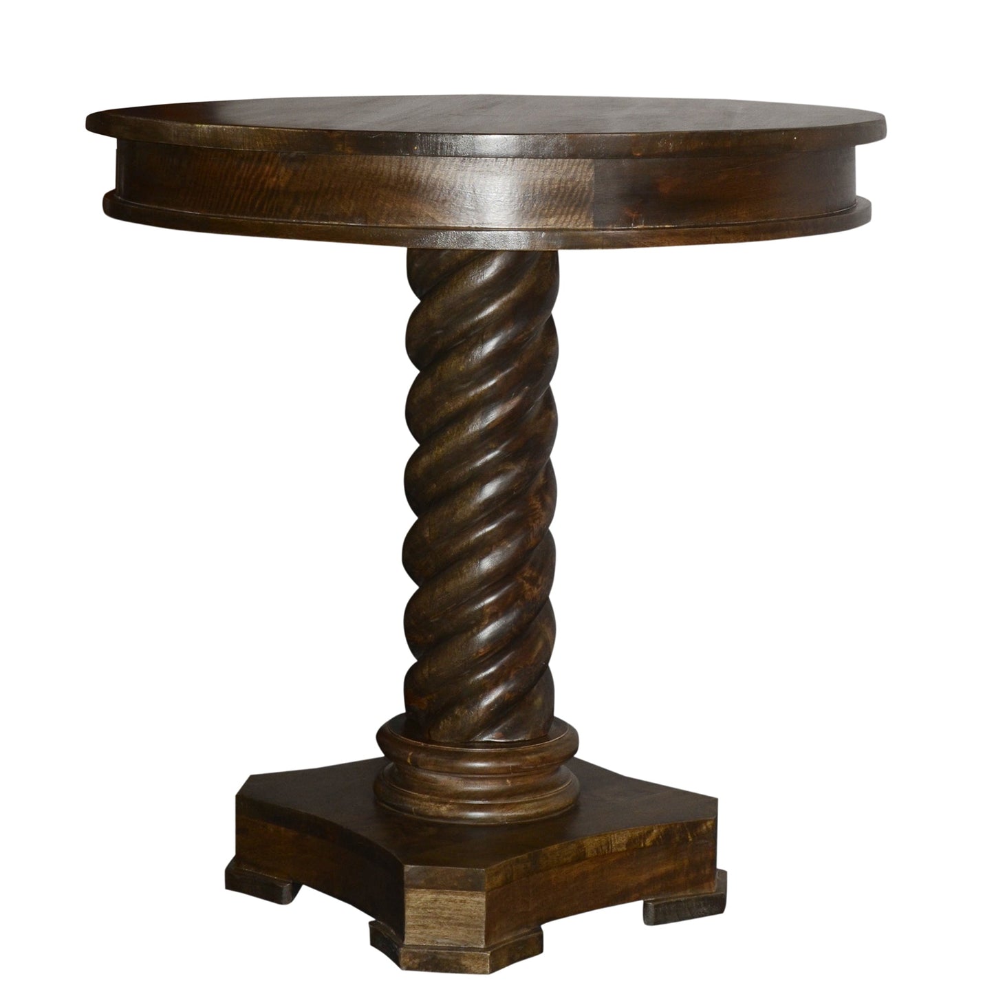 Benzara UPT-213135 Dark Brown Round Mango Wood Table With Twisted Pedestal Base and Molded Top